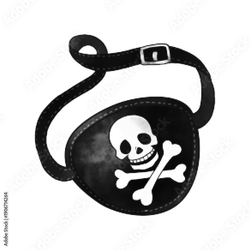 Pirate eye patch with skull and crossbones in monochrome halftone style. Classic buccaneer accessory isolated on white, symbolizing piracy, danger, adventure, and rebellion.