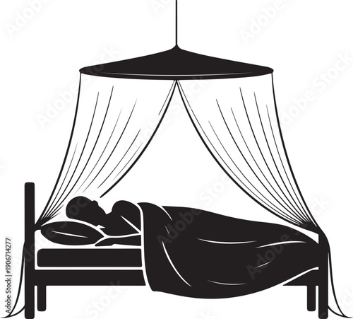 Silhouette of person sleeping under mosquito net for malaria protection