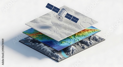 Geospatial analysis and satellite imagery processing, showcasing layered earth data with a satellite orbiting above