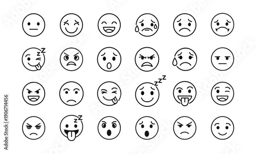 A collection of expressive black and white facial emotion icons arranged in a grid