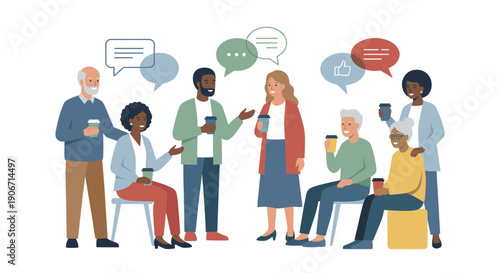 Diverse Group of Senior People Socializing and Drinking Coffee with Speech Bubbles Vector Illustration