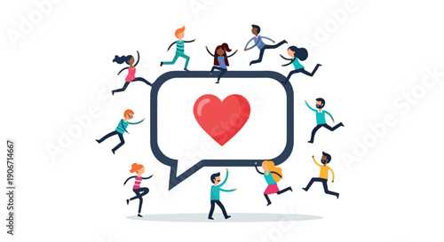 Illustration of diverse people running around a large speech bubble with a red heart on a white background.