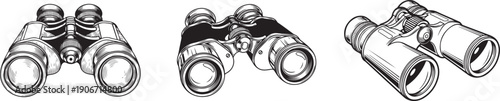 Vintage Binoculars Black and White Hand Drawn Line Art. Detailed Classic Vintage Binoculars Black and White Outline Line Art Drawing for Exploration and Study