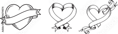 Hand Drawn Heart with Ribbon Banner Line Art. Hand drawn line art heart and ribbon set featuring various classic designs for love and romance messages