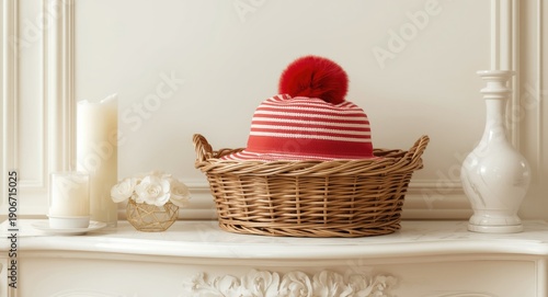 A wicker basket containing a red and white striped hat with a sizable red pompom in an elegant white decor scene