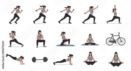 A collection of illustrations showing a woman performing various fitness exercises, yoga poses, and meditation, alongside a bicycle and a dumbbell, representing a healthy and active lifestyle.