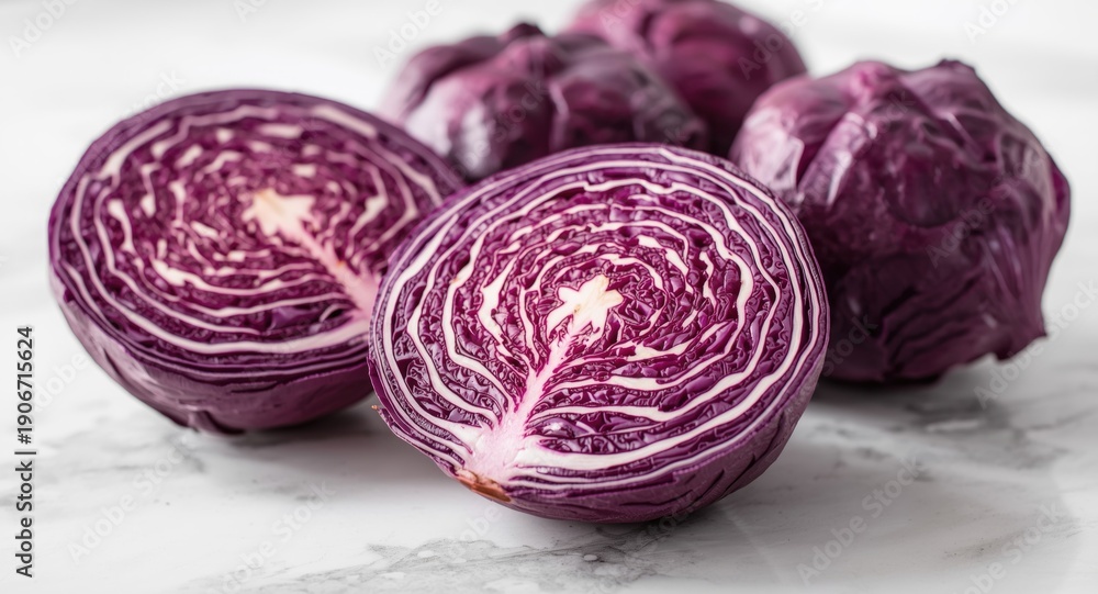 Fototapeta premium Fresh halved red cabbage heads on a clean white surface