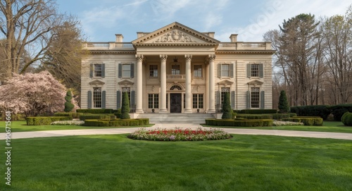 Elegant mansion facade with well-kept gardens and copy space for text
