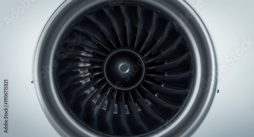Close focused image on spinner cone and fan blades of turbofan jet engine