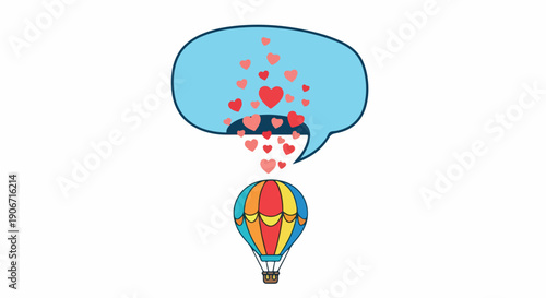 Minimalist illustration of a colorful hot air balloon with a speech bubble containing a car and hearts against a plain white background.