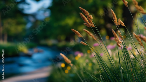 Organic fertilizer granule enhancing the planting of native plants for ecosystem restoration in a sunny park. A tranquil natural setting with birds chirping and soft grass swaying in the light