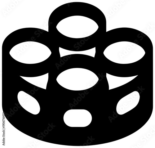 Black filled icon of a six pack ring holder for beverage cans on white background