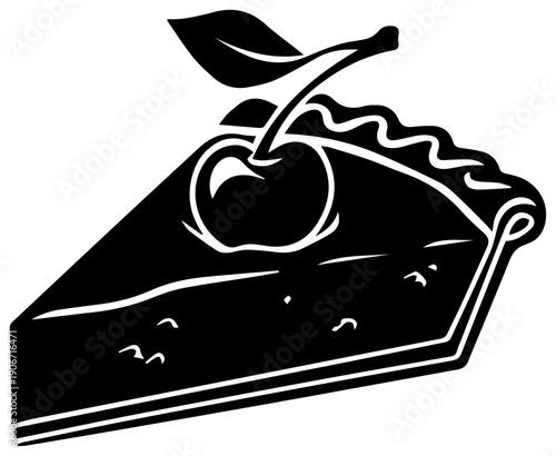 Black filled icon of a slice of cherry pie isolated on white background with leaf on top