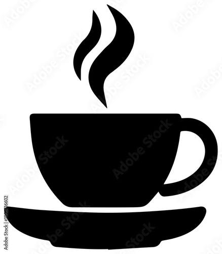 Steaming black coffee cup icon on a saucer simple graphic design element for drinks and beverages