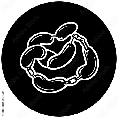 Black filled icon of linked sausages in a circular pattern on a white background