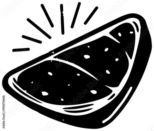 Black filled icon of a thin slice of prosciutto ham with white spots on a white background