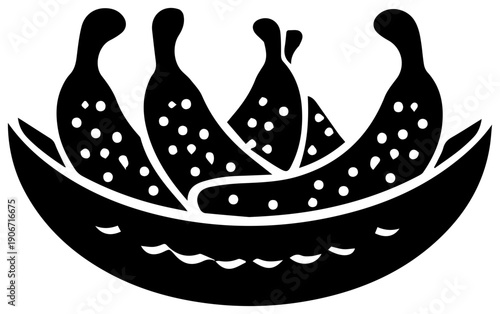 Black filled icon of a traditional banana split dessert with three bananas and decorative dots in a bowl