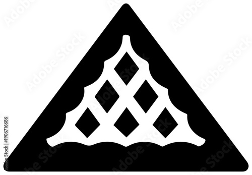 Black triangular icon featuring a stylized white apple turnover on a clean white background symbolizing food and pastry