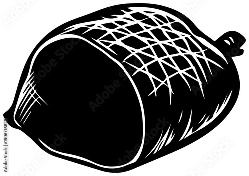Black filled icon of a whole cured ham leg isolated on white background detailed illustration with crisscross pattern