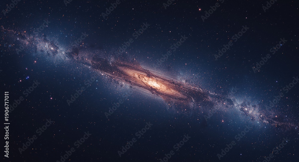 Fototapeta premium Dynamic universe panorama with stylized galaxies and sparkling stars across a dark textured sky