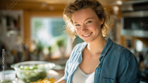 Comprehensive hair follicle rejuvenation program with holistic approaches integrating diet and lifestyle advice for promoting hair vitality. A sunlit kitchen setting showcasing fresh ingredients