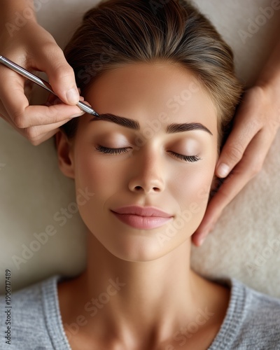 Professional eyebrow styling and mapping in beauty salon, close-up of woman getting brow architecture treatment