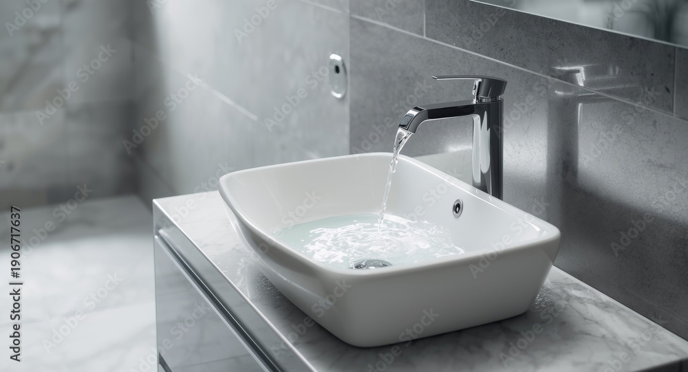 Fototapeta premium Ceramic wash basin in bathroom with flowing water from tap and area for text