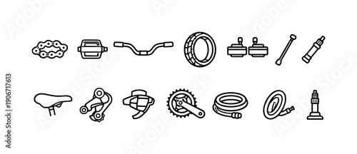 Collection of bicycle parts and accessories in a simple line art style