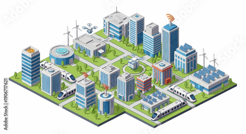 Isometric cityscape with industrial and commercial buildings.
