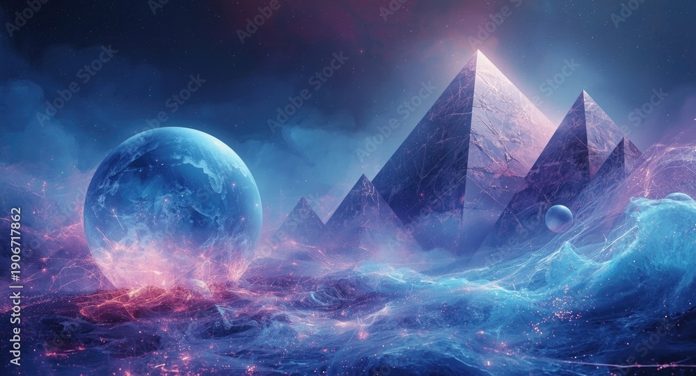 Fototapeta premium Cosmic abstract scene with radiant magical crystal spheres and pyramid structures