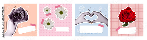 Cute vector hand drawn greeting card set with flowers collage and halftone hands
