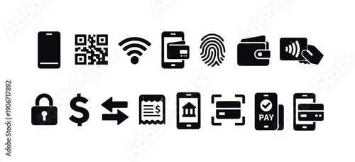 Collection of modern digital payment and financial transaction icons for technology and business