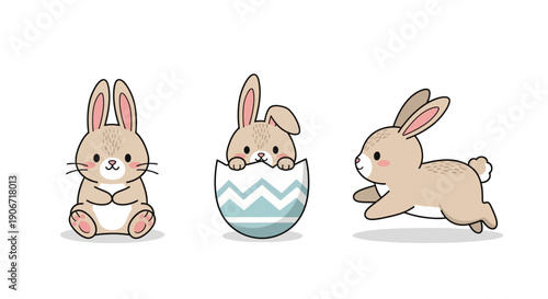 Adorable trio of cute cartoon bunnies showcasing different charming poses including sitting hatching and running happily on a white background