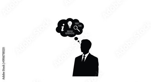 Silhouette of a man thinking with a thought bubble containing an idea and code