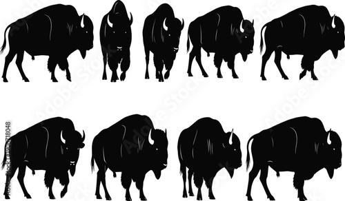 Black American bison silhouette illustrations, powerful buffalo vector artwork, wildlife animal design collection, prairie nature motif, strong creature drawing set