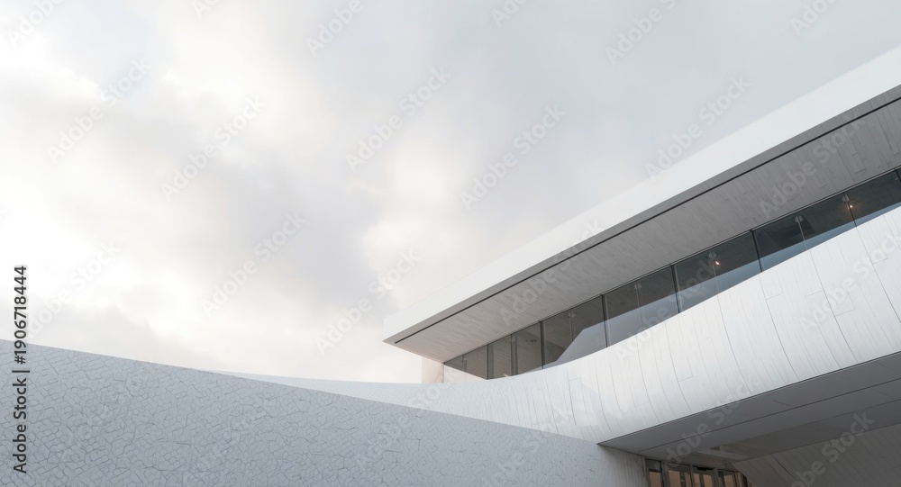 Fototapeta premium Futuristic white architecture featuring abstract geometric designs and a cloudy sky with copy space