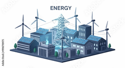 Sustainable Energy Production Facility with Wind Turbines and Power Lines.