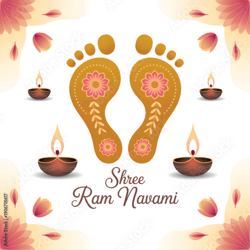 Large decorated footprints with diya lamps and floral patterns celebrating Ram Navami orange
