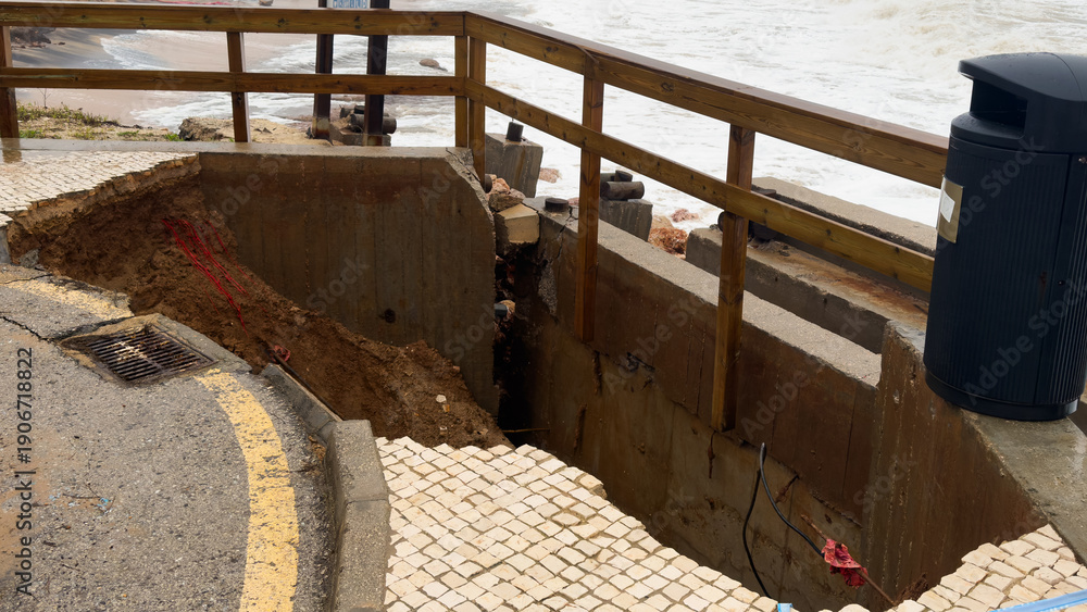 Naklejka premium Coastal Road Collapse Due to Erosion, Stormy Ocean and Eroded Cliff