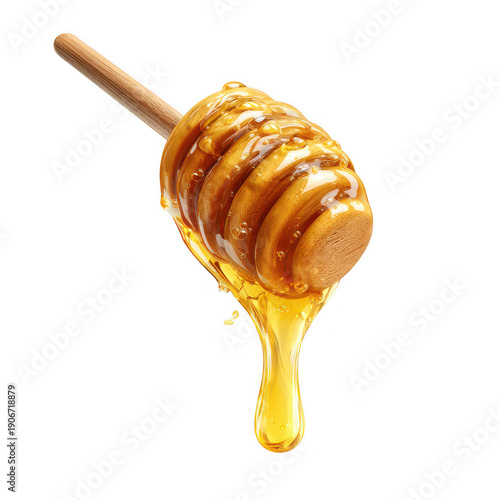 Golden organic honey drips in a sweet liquid drop from a natural wooden dipper and spoon isolated on a white background
