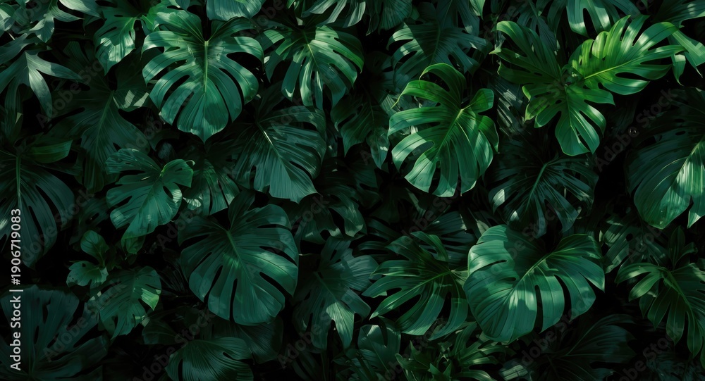 Fototapeta premium Lush tropical greenery backdrop with various broad leaves and shadow interplay perfect for natural copy space