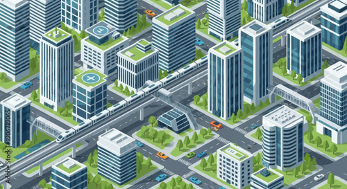 Modern cityscape with sleek skyscrapers and urban infrastructure.