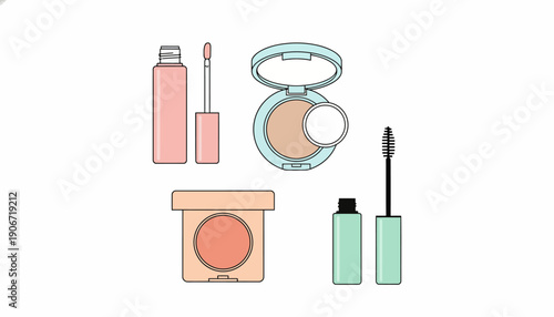 A collection of various pastel-colored makeup products including lip gloss, compact powder, blush, and mascara, depicted in a flat design style.