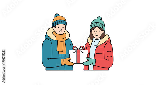 Illustration of a man and woman in winter clothing exchanging a gift on a white background with colorful attire.