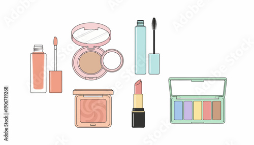 A collection of various pastel-colored makeup products including lip gloss, compact powder, mascara, blush, lipstick, and an eyeshadow palette, in a flat design style.