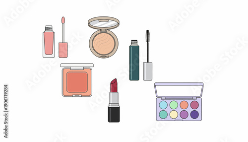 A collection of various makeup products including lip gloss, compact powder, blush, mascara, lipstick, and an eyeshadow palette on a white background.