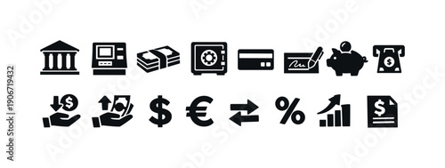 Collection of financial and banking icons representing various monetary transactions and services