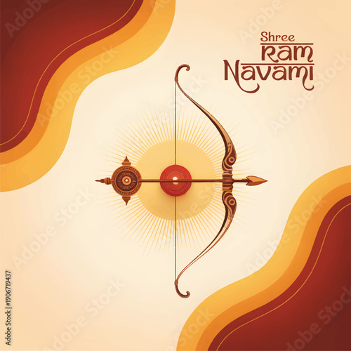 Golden background with bow and arrow and chakra symbol for Ram Navami celebration