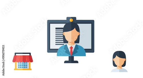 Digital communication featuring a woman on a monitor with accompanying icons