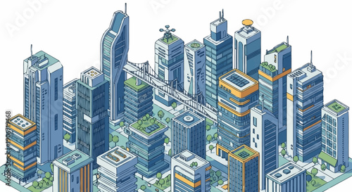 Modern cityscape with sleek skyscrapers and urban infrastructure.